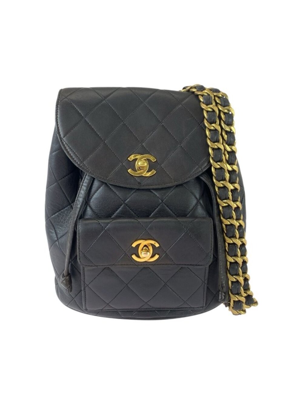 Chanel Quilted Turnlock CC Logo Black Leather Backpack